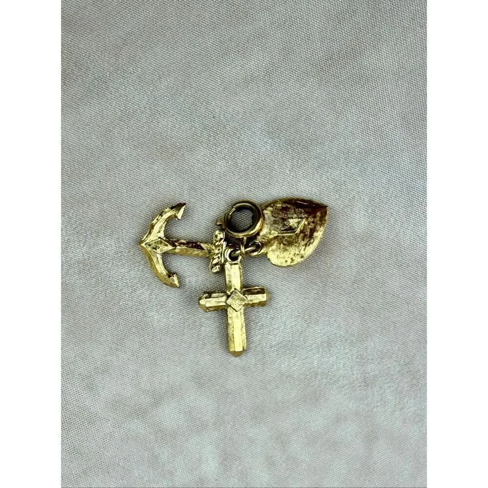Vintage Gold Tone Faith Hope and Charity Cross Charm Pendant